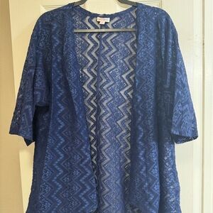 LuLaRoe Lindsey cover up. Blue 
Lace. Open front. Hi-low hem. Small.